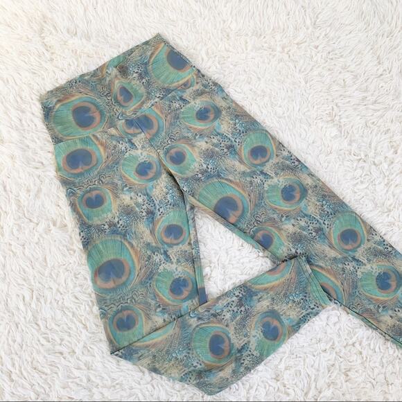 AUTOMATIC Peacock Print Leggings Green & Gold High Waist Tights size XS - Picture 3 of 9